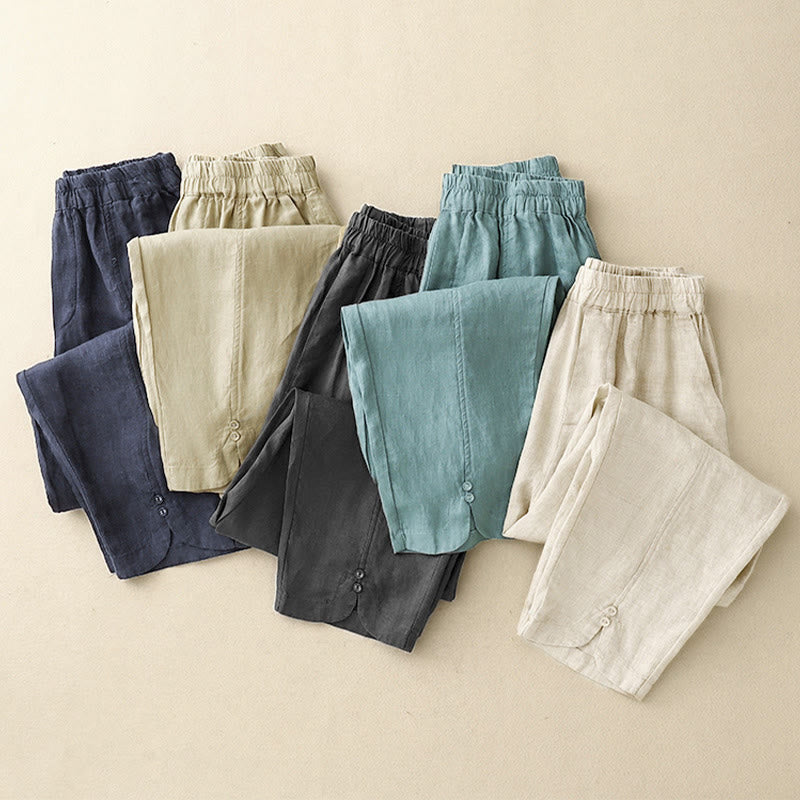 Pantalon Buddha Stones d'été en coton et lin pour femme, couleur unie, avec boutons latéraux et poches - image 23