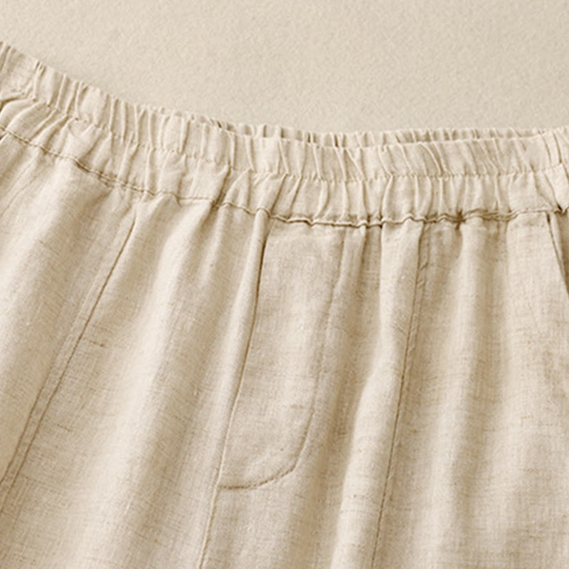 Pantalon Buddha Stones d'été en coton et lin pour femme, couleur unie, avec boutons latéraux et poches - image 6