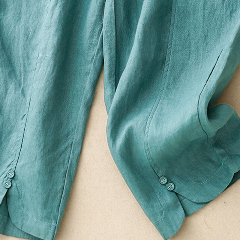 Pantalon Buddha Stones d'été en coton et lin pour femme, couleur unie, avec boutons latéraux et poches - image 19