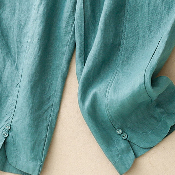 Pantalon Buddha Stones d'été en coton et lin pour femme, couleur unie, avec boutons latéraux et poches - image 19