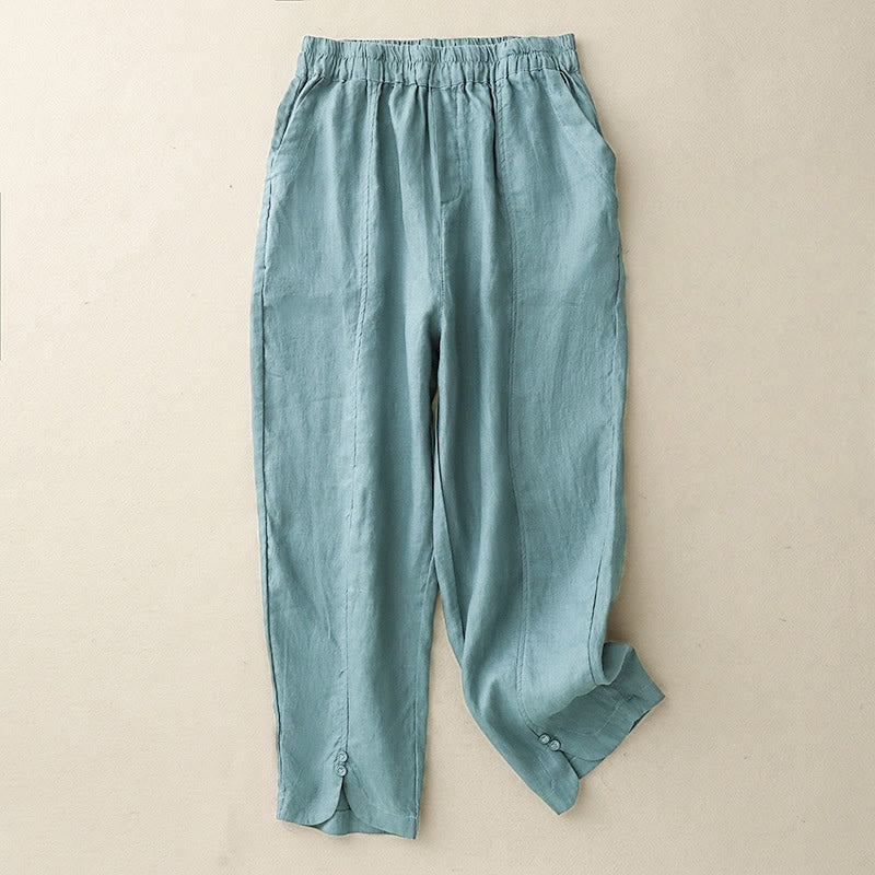 Pantalon Buddha Stones d'été en coton et lin pour femme, couleur unie, avec boutons latéraux et poches - Vert clair - US8-10，UK/AU12-14，EU40-42 (2XL) - image 15