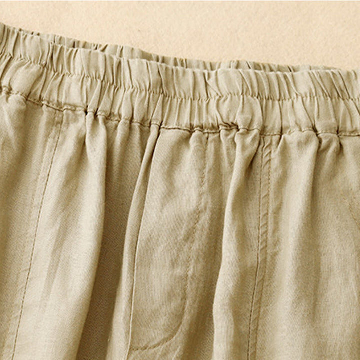 Pantalon Buddha Stones d'été en coton et lin pour femme, couleur unie, avec boutons latéraux et poches - image 1