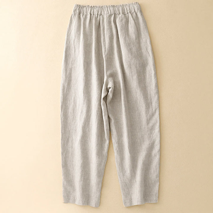 Pantalon Buddha Stones d'été en coton et lin pour femme, couleur unie, avec boutons latéraux et poches - image 5