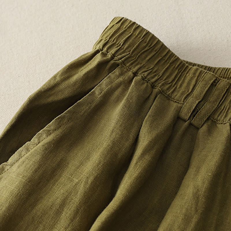 Pantalon large en coton et lin pour femme, style vintage, couleur unie, avec poches et poignets Buddha Stones - image 11