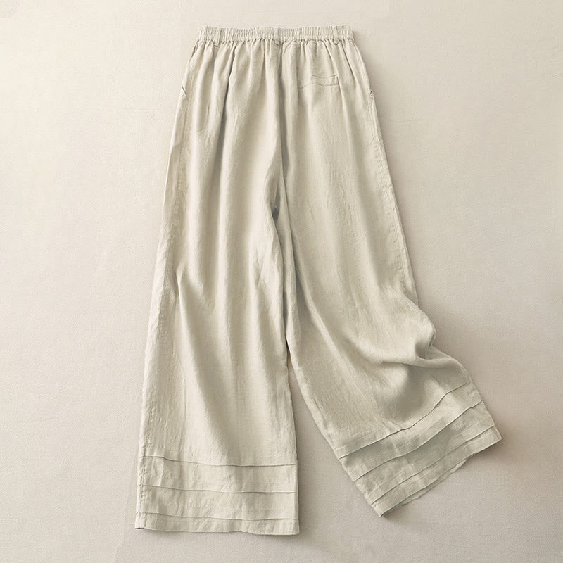 Pantalon large en coton et lin pour femme, style vintage, couleur unie, avec poches et poignets Buddha Stones - image 1