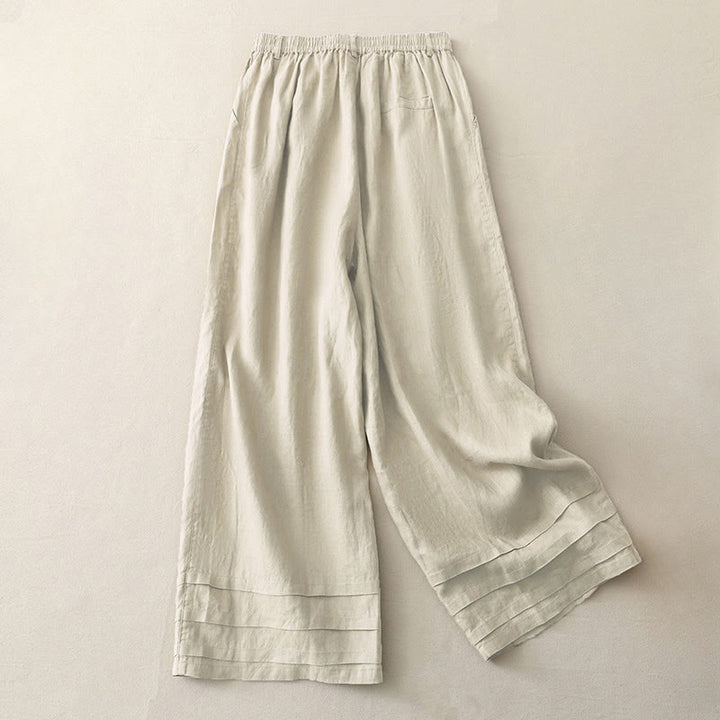 Pantalon large en coton et lin pour femme, style vintage, couleur unie, avec poches et poignets Buddha Stones - image 1