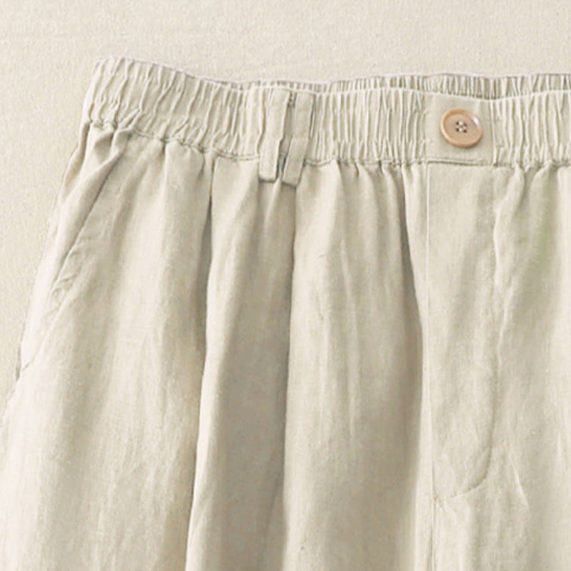 Pantalon large en coton et lin pour femme, style vintage, couleur unie, avec poches et poignets Buddha Stones - image 2