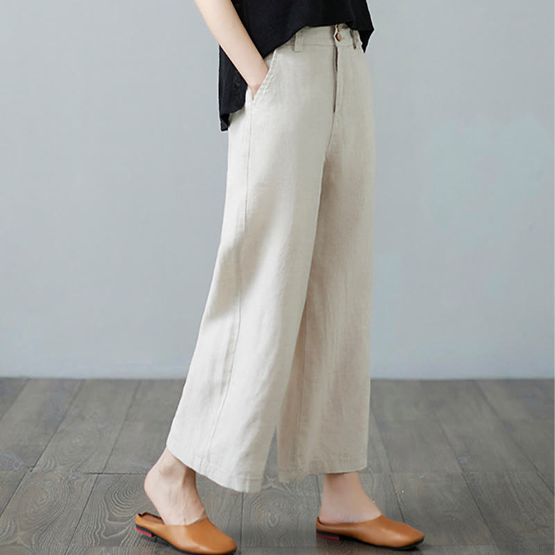 Pantalon femme en coton et lin avec poches , Buddha Stones patchwork de couleurs unies et design simple - image 4