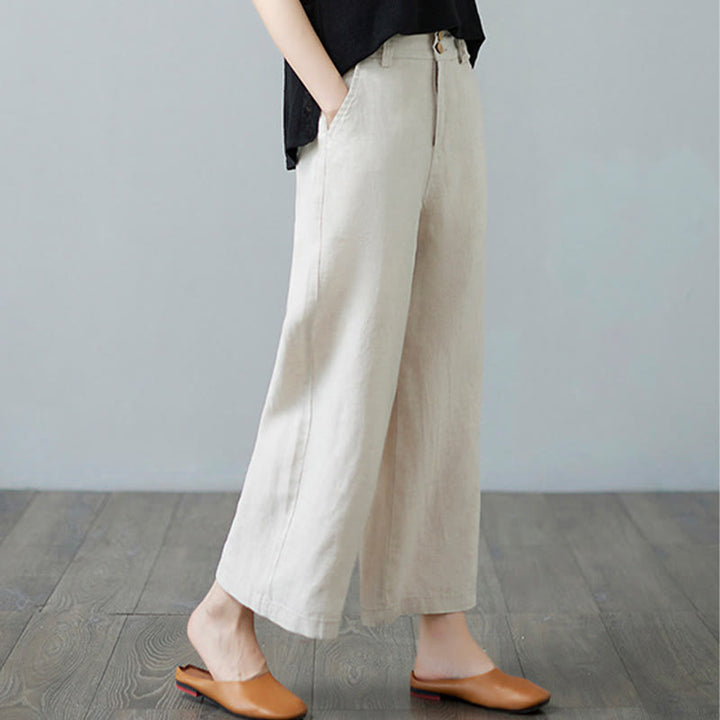 Pantalon femme en coton et lin avec poches , Buddha Stones patchwork de couleurs unies et design simple - image 4