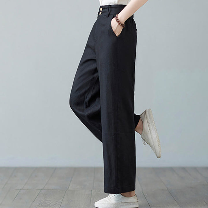 Pantalon femme en coton et lin avec poches , Buddha Stones patchwork de couleurs unies et design simple - image 26