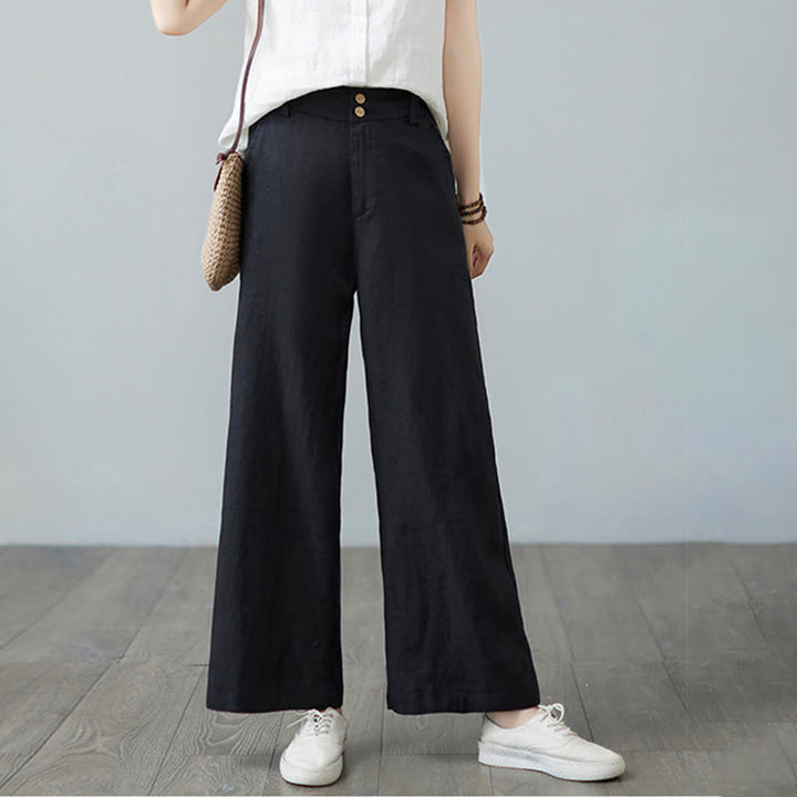 Pantalon femme en coton et lin avec poches , Buddha Stones patchwork de couleurs unies et design simple - image 23