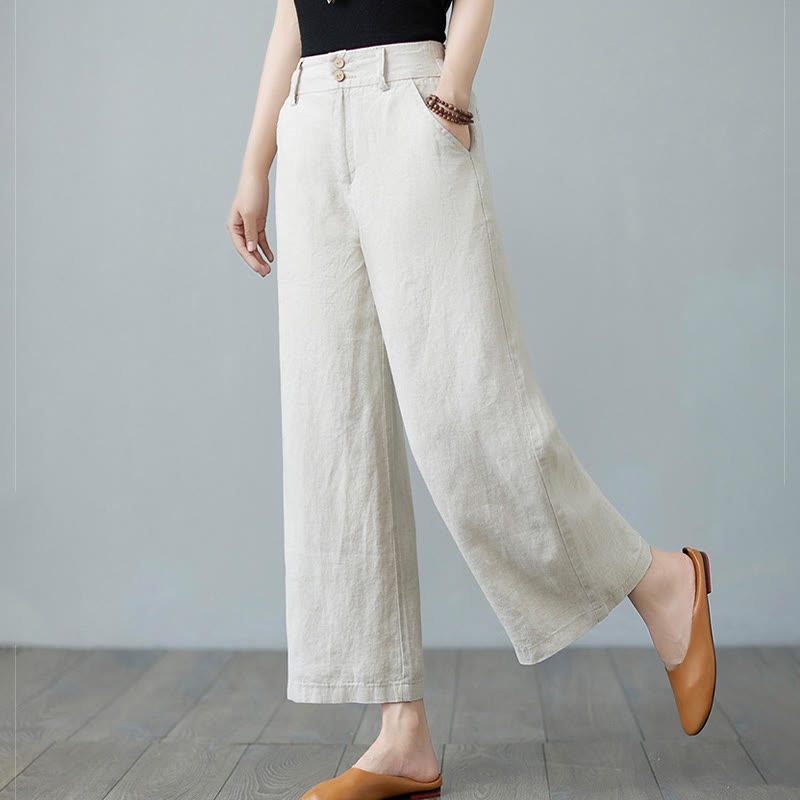 Pantalon femme en coton et lin avec poches , Buddha Stones patchwork de couleurs unies et design simple - image 2