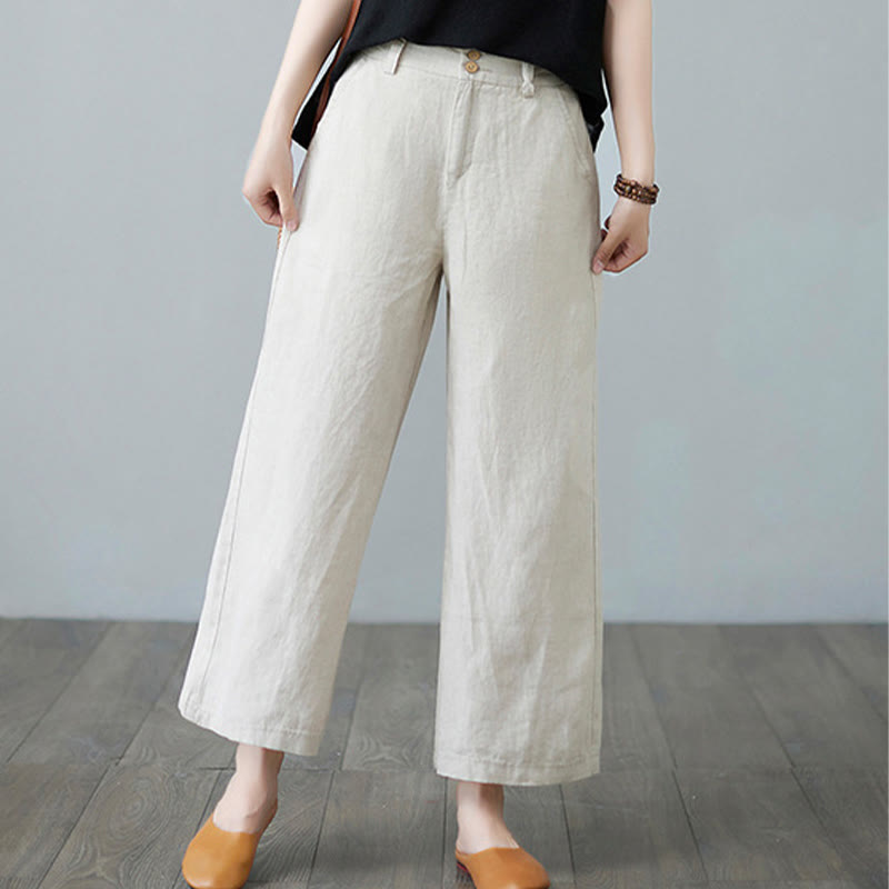 Pantalon femme en coton et lin avec poches , Buddha Stones patchwork de couleurs unies et design simple - image 1
