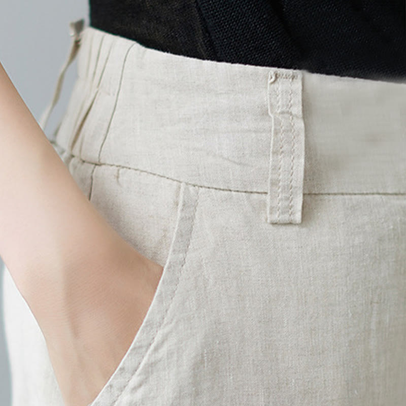 Pantalon femme en coton et lin avec poches , Buddha Stones patchwork de couleurs unies et design simple - image 10