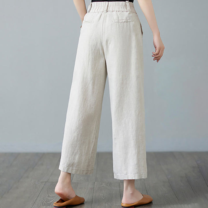 Pantalon femme en coton et lin avec poches , Buddha Stones patchwork de couleurs unies et design simple - image 6