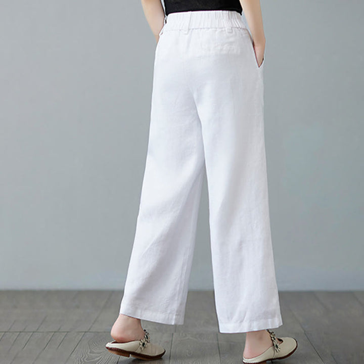 Pantalon femme en coton et lin avec poches , Buddha Stones patchwork de couleurs unies et design simple - image 19