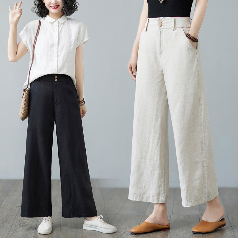 Pantalon femme en coton et lin avec poches , Buddha Stones patchwork de couleurs unies et design simple - image 28