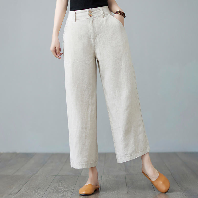 Pantalon femme en coton et lin avec poches , Buddha Stones patchwork de couleurs unies et design simple - Beige - US8-10，UK/AU12-14，EU40-42 (2XL) - image 0