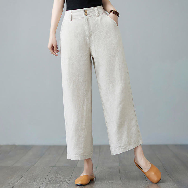 Pantalon femme en coton et lin avec poches , Buddha Stones patchwork de couleurs unies et design simple - Beige - US8-10，UK/AU12-14，EU40-42 (2XL) - image 0