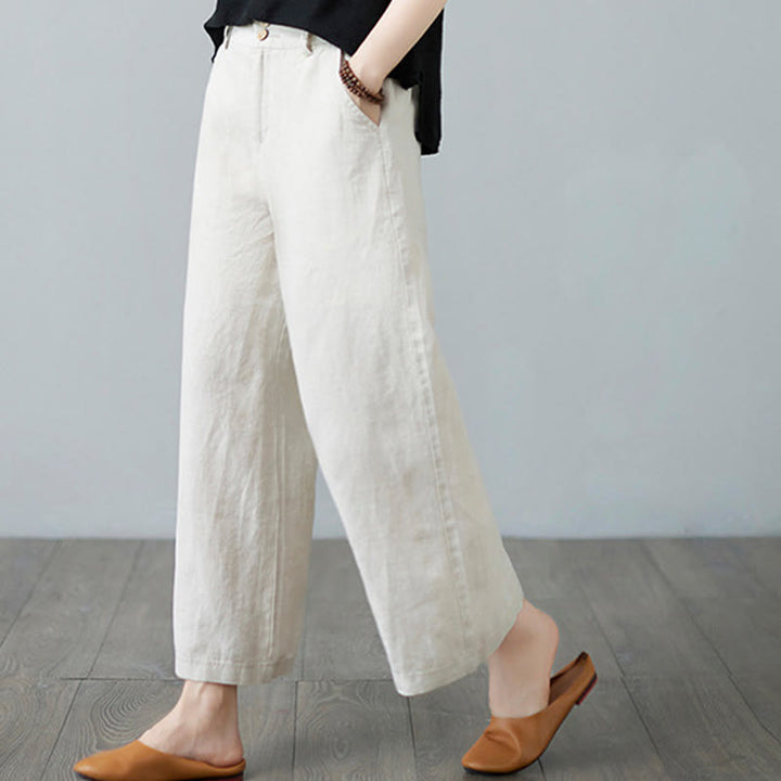 Pantalon femme en coton et lin avec poches , Buddha Stones patchwork de couleurs unies et design simple - image 3