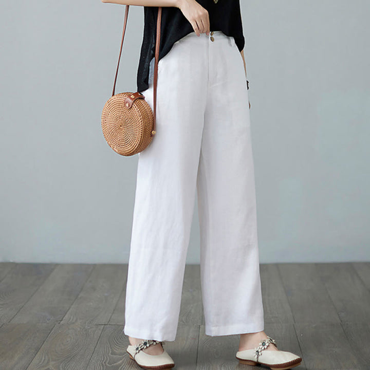 Pantalon femme en coton et lin avec poches , Buddha Stones patchwork de couleurs unies et design simple - image 20