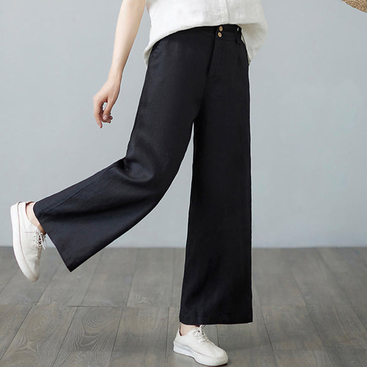 Pantalon femme en coton et lin avec poches , Buddha Stones patchwork de couleurs unies et design simple - image 27