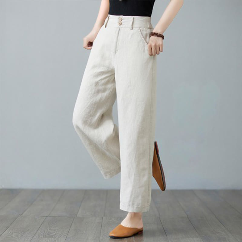 Pantalon femme en coton et lin avec poches , Buddha Stones patchwork de couleurs unies et design simple - image 5