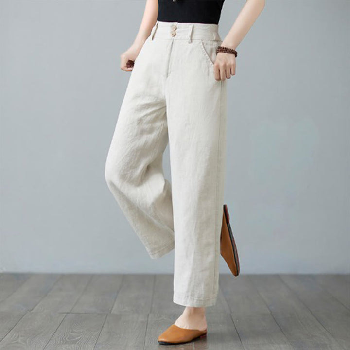 Pantalon femme en coton et lin avec poches , Buddha Stones patchwork de couleurs unies et design simple - image 5