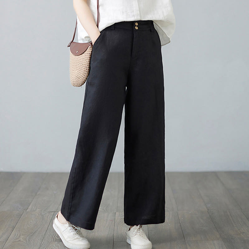 Pantalon femme en coton et lin avec poches , Buddha Stones patchwork de couleurs unies et design simple - image 24