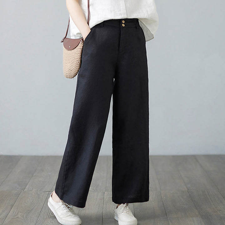 Pantalon femme en coton et lin avec poches , Buddha Stones patchwork de couleurs unies et design simple - image 24