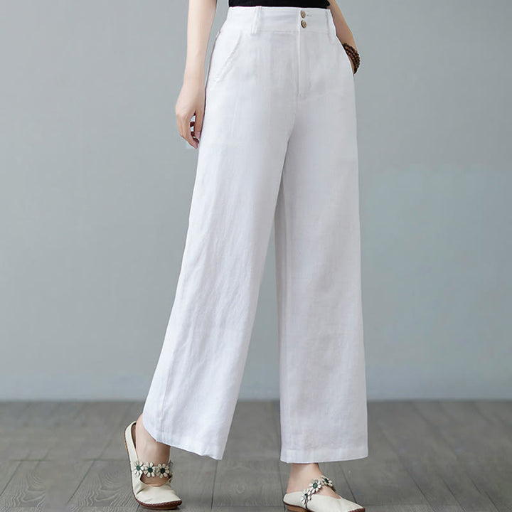 Pantalon femme en coton et lin avec poches , Buddha Stones patchwork de couleurs unies et design simple - image 18