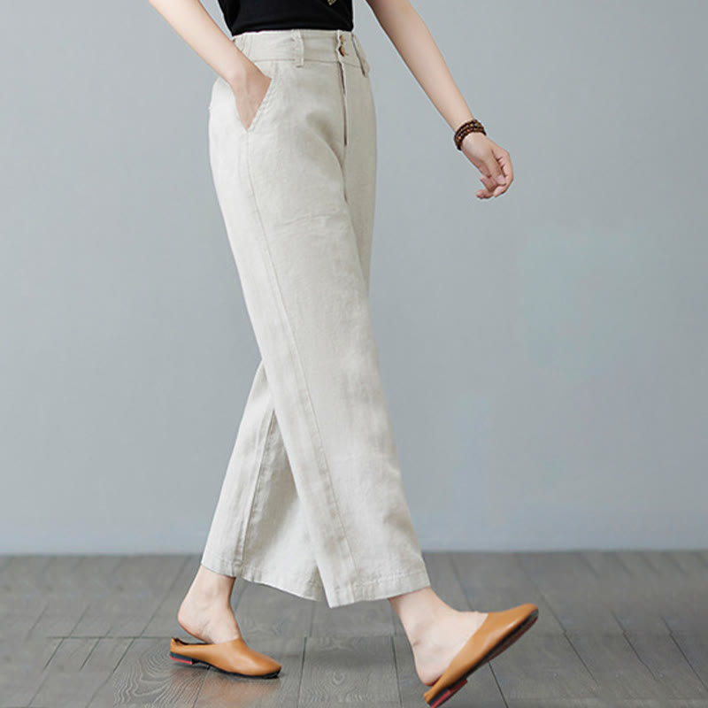 Pantalon femme en coton et lin avec poches , Buddha Stones patchwork de couleurs unies et design simple - image 7