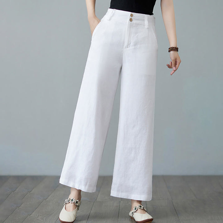 Pantalon femme en coton et lin avec poches , Buddha Stones patchwork de couleurs unies et design simple - image 15