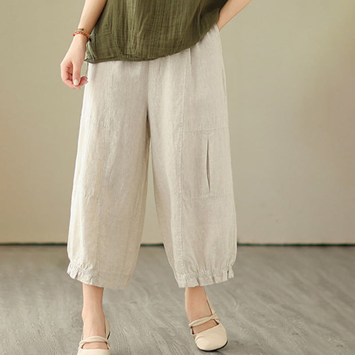 Pantalon court ample en coton avec poches pour femme, style décontracté et vintage, style Buddha Stones