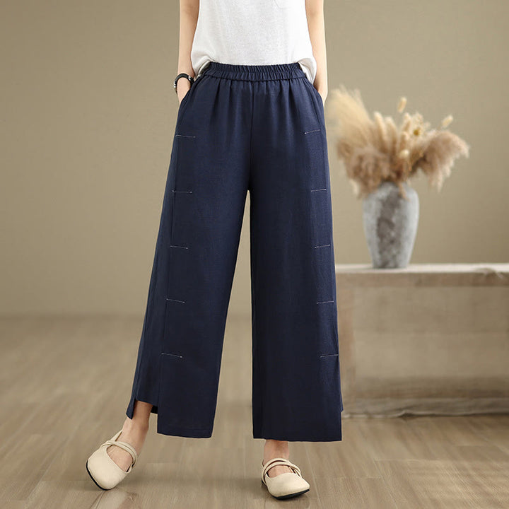 Pantalon large décontracté en coton et lin pour femme, Buddha Stones printemps