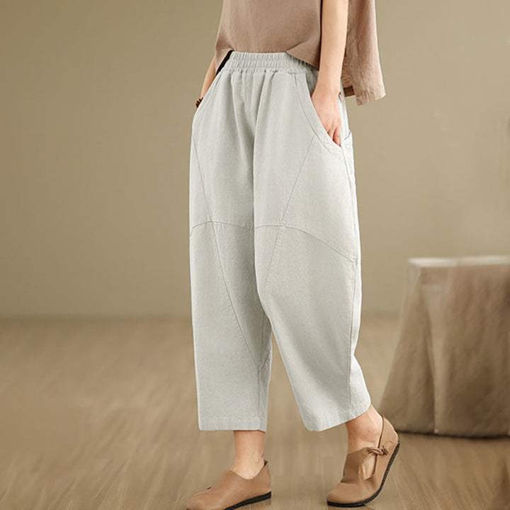 Pantalon sarouel décontracté en coton et lin pour femme avec poches, longueur 7-8, motif Buddha Stones, printemps