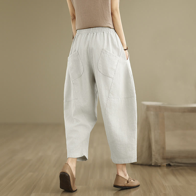 Pantalon sarouel décontracté en coton et lin pour femme avec poches, longueur 7-8, motif Buddha Stones, printemps