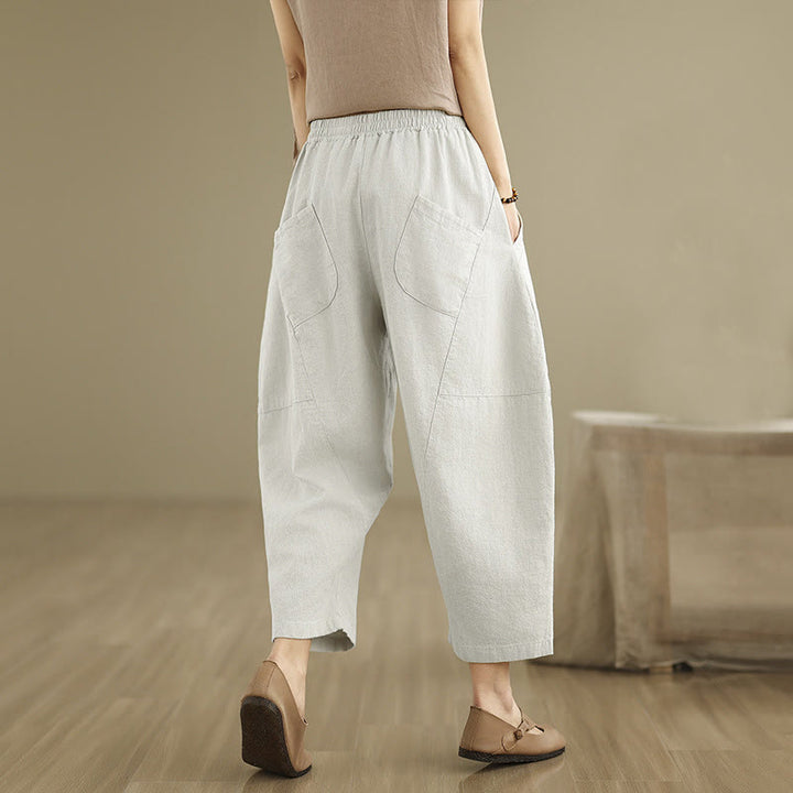Pantalon sarouel décontracté en coton et lin pour femme avec poches, longueur 7-8, motif Buddha Stones, printemps