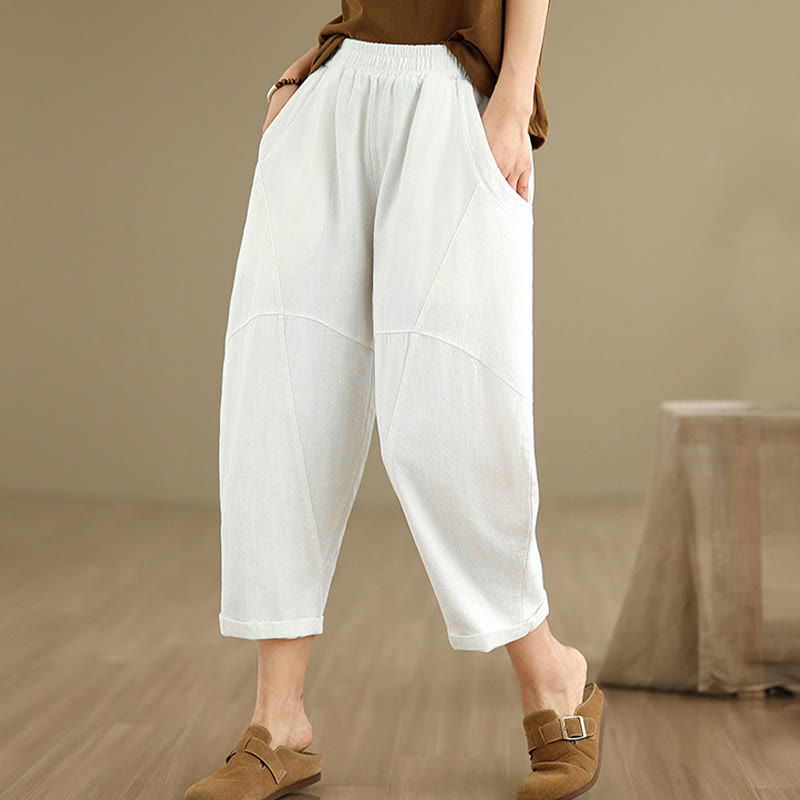 Pantalon sarouel décontracté en coton et lin pour femme avec poches, longueur 7-8, motif Buddha Stones, printemps
