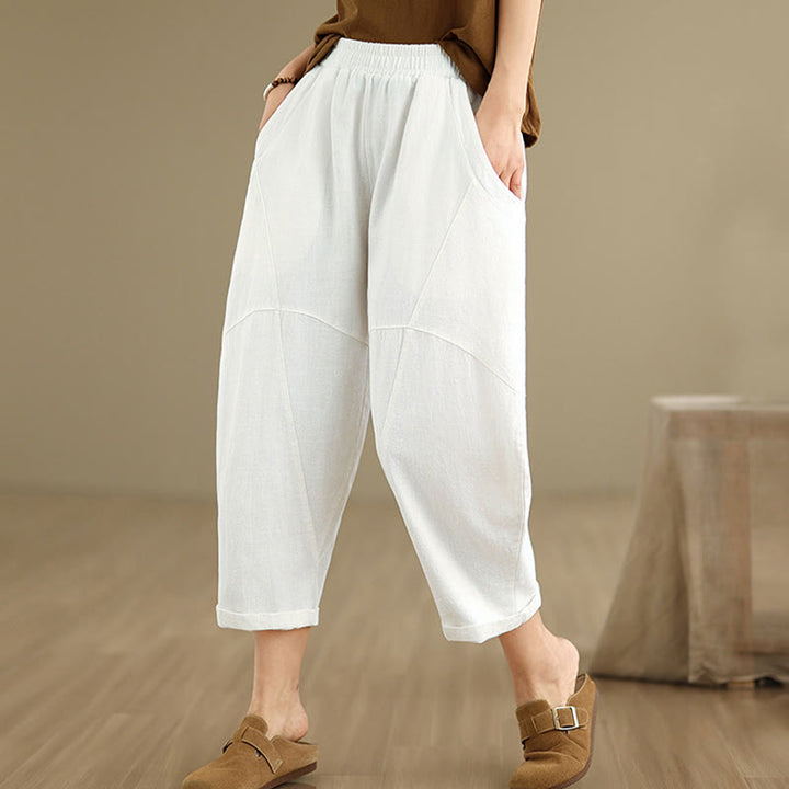 Pantalon sarouel décontracté en coton et lin pour femme avec poches, longueur 7-8, motif Buddha Stones, printemps