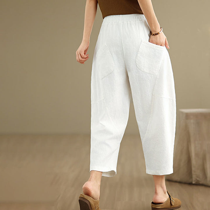 Pantalon sarouel décontracté en coton et lin pour femme avec poches, longueur 7-8, motif Buddha Stones, printemps