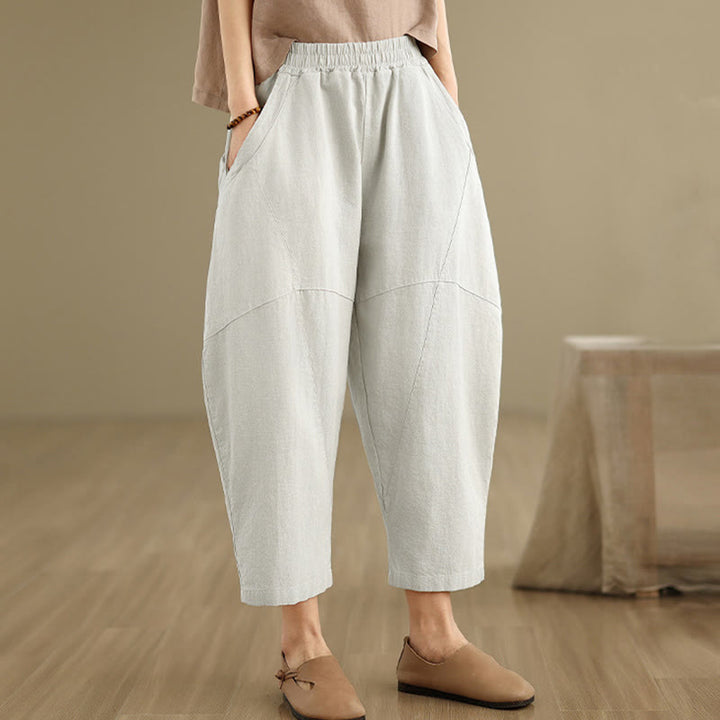 Pantalon sarouel décontracté en coton et lin pour femme avec poches, longueur 7-8, motif Buddha Stones, printemps