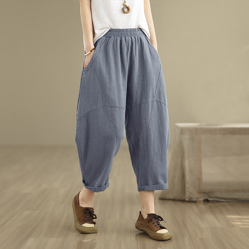 Pantalon sarouel décontracté en coton et lin pour femme avec poches, longueur 7-8, motif Buddha Stones, printemps