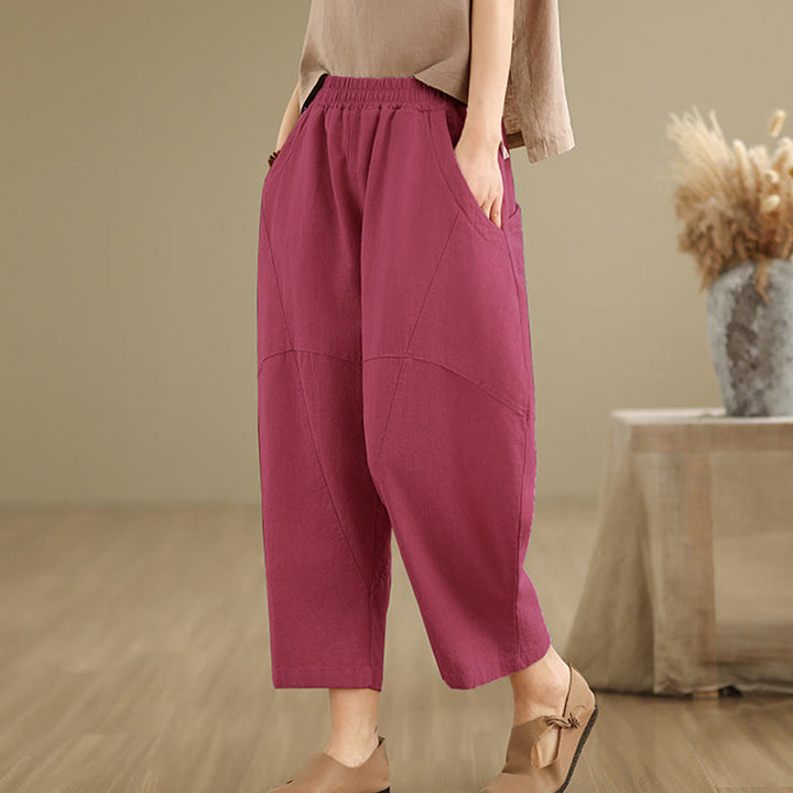 Pantalon sarouel décontracté en coton et lin pour femme avec poches, longueur 7-8, motif Buddha Stones, printemps