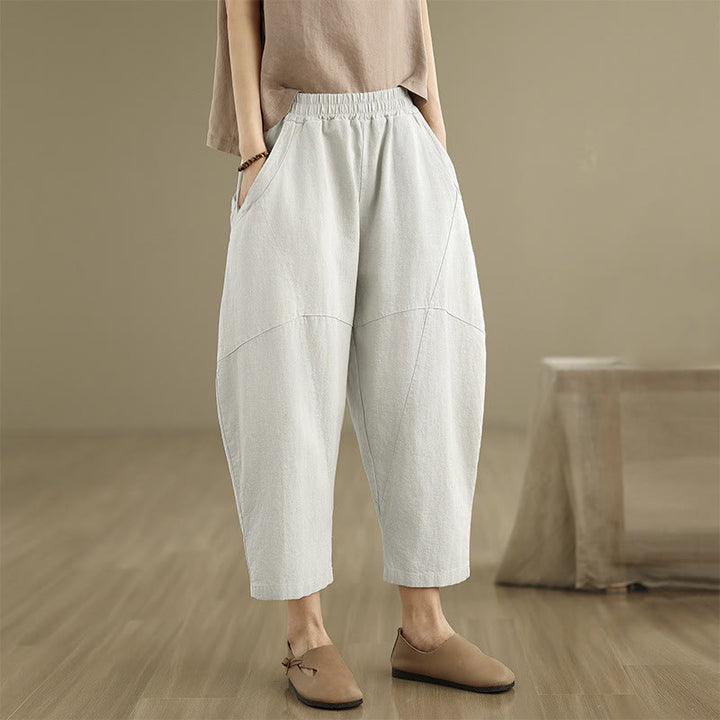 Pantalon sarouel décontracté en coton et lin pour femme avec poches, longueur 7-8, motif Buddha Stones, printemps