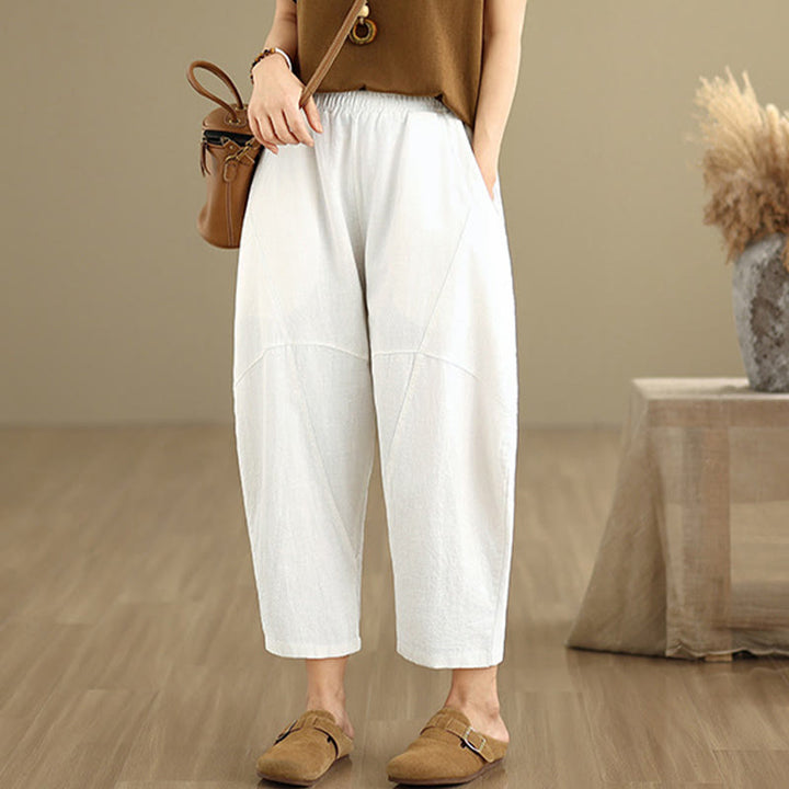 Pantalon sarouel décontracté en coton et lin pour femme avec poches, longueur 7-8, motif Buddha Stones, printemps