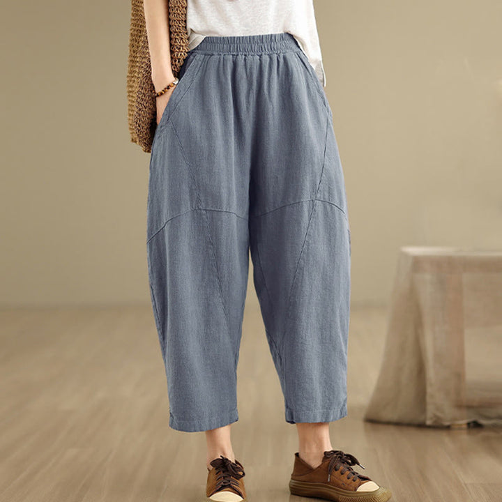 Pantalon sarouel décontracté en coton et lin pour femme avec poches, longueur 7-8, motif Buddha Stones, printemps