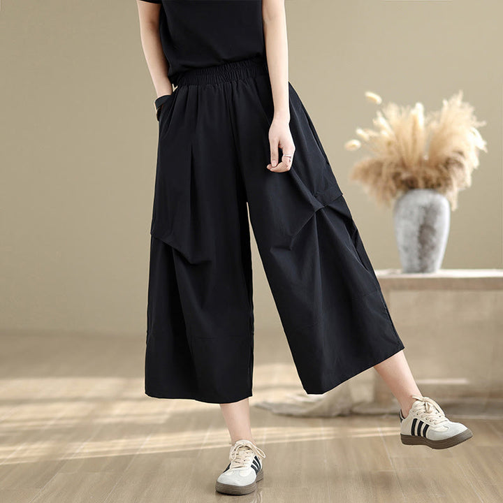Pantalon large en coton à plis irréguliers et poches pour femme, motif Buddha Stones , été