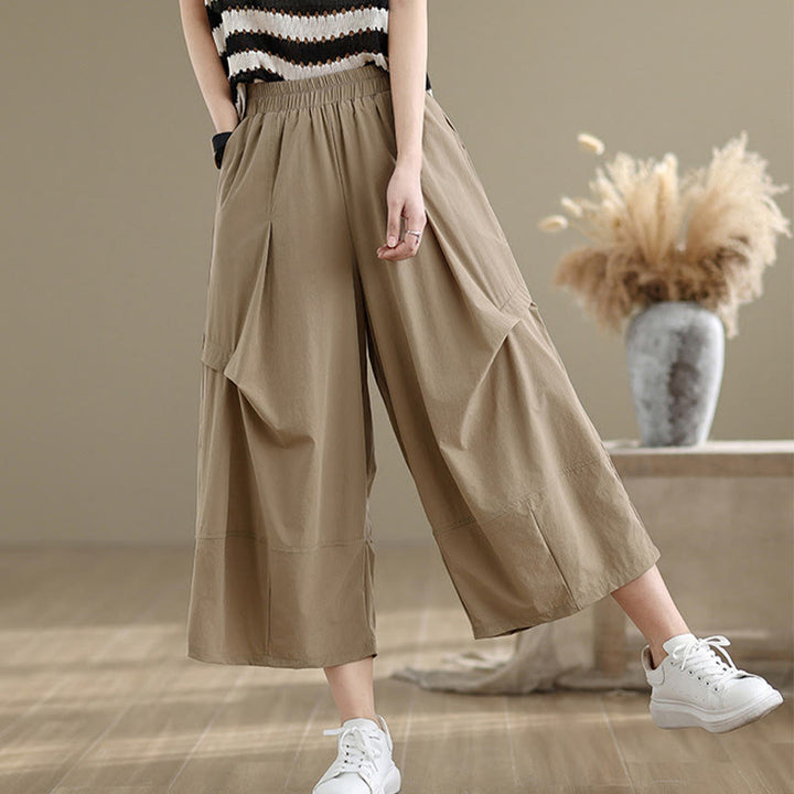 Pantalon large en coton à plis irréguliers et poches pour femme, motif Buddha Stones , été