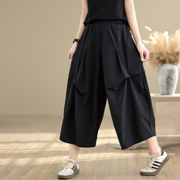 Pantalon large en coton à plis irréguliers et poches pour femme, motif Buddha Stones , été
